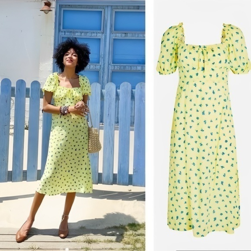 Faithfull The Brand Yellow Floral Puff Sleeve Bette Midi Dress